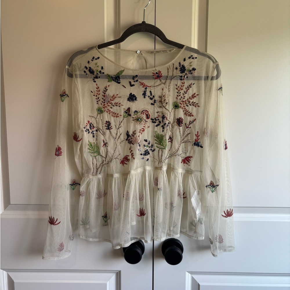Zara Sheer Blouse with Multicolor Floral Embroidery